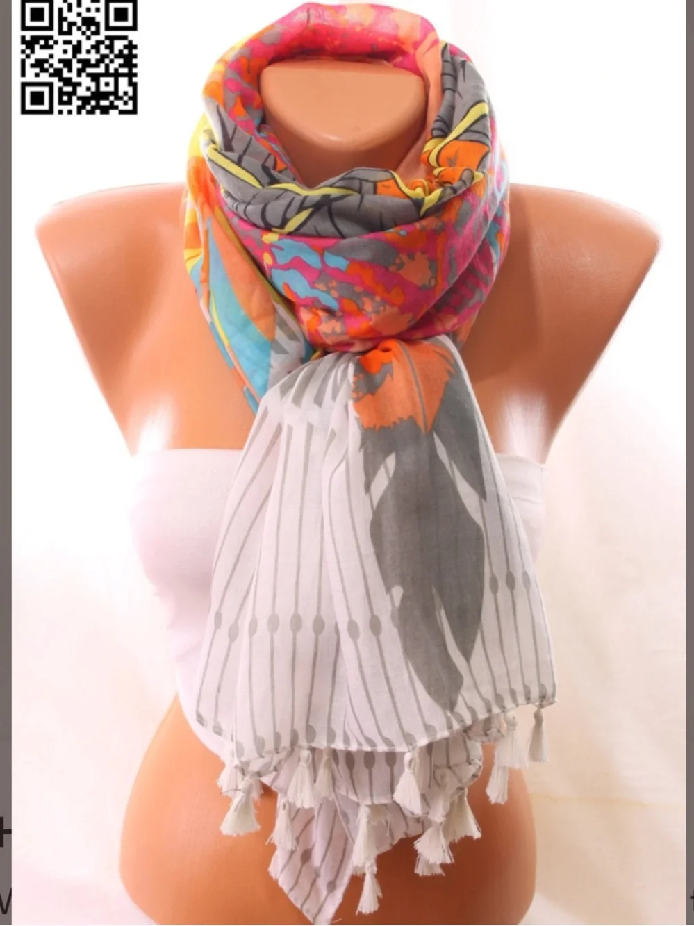 Colorful Floral & Abstract Lightweight Women's Scarf in Pink, Orange & Gray